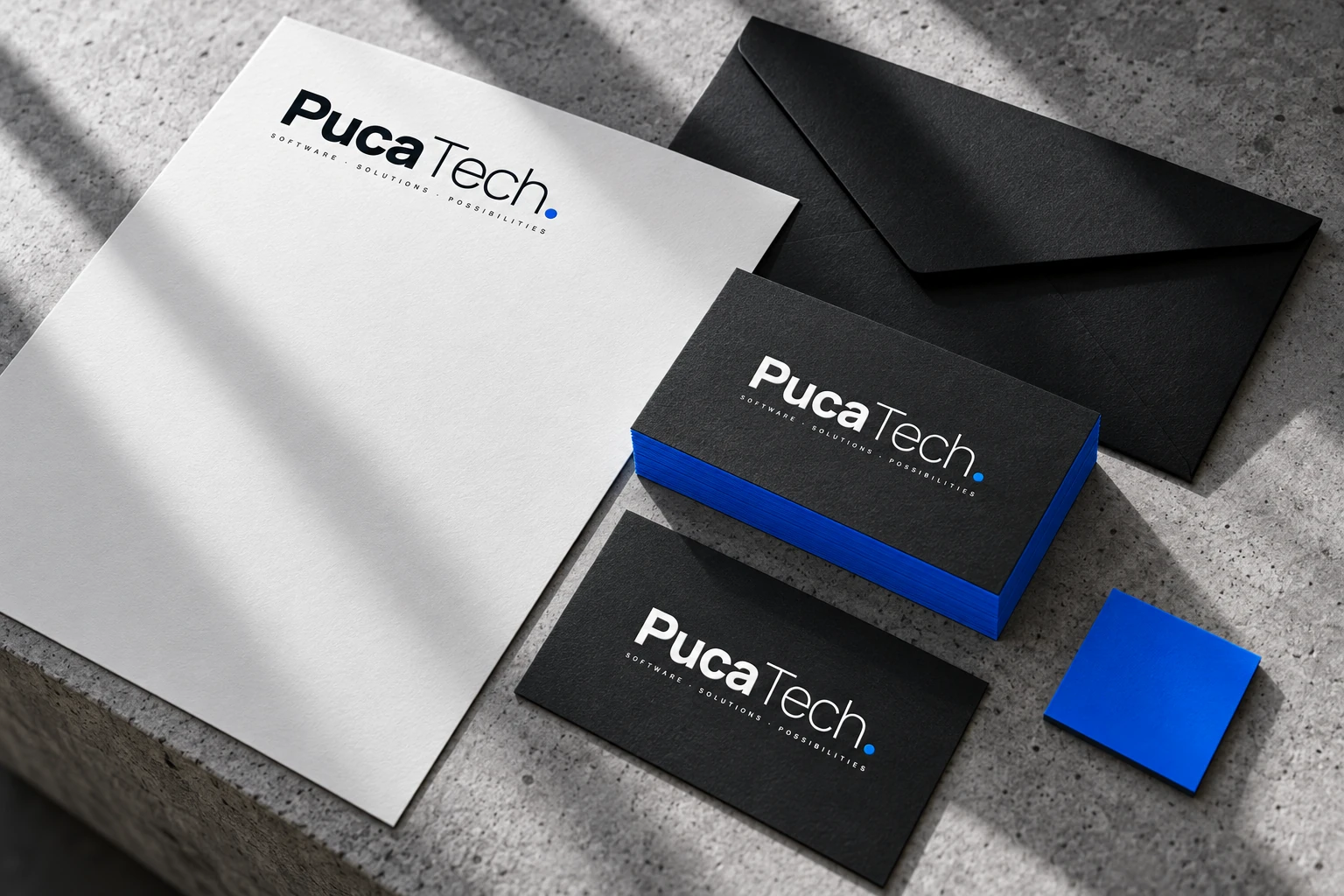 PucaTech identity concept featuring black business cards with blue edges, a white letterhead and a black envelope